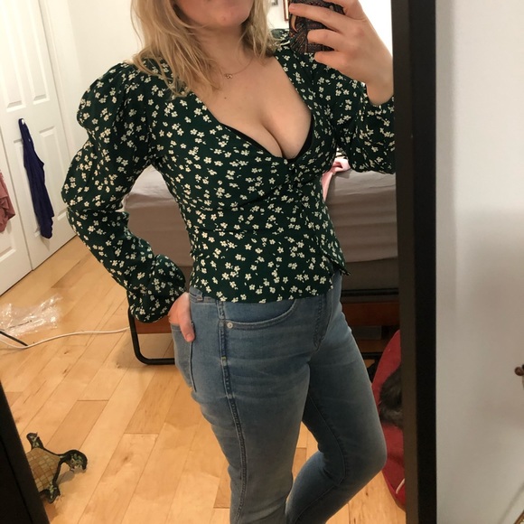 NWOT Reformation Nell Long-Sleeved Blouse | Forest Green & White | Size M - Picture 5 of 5